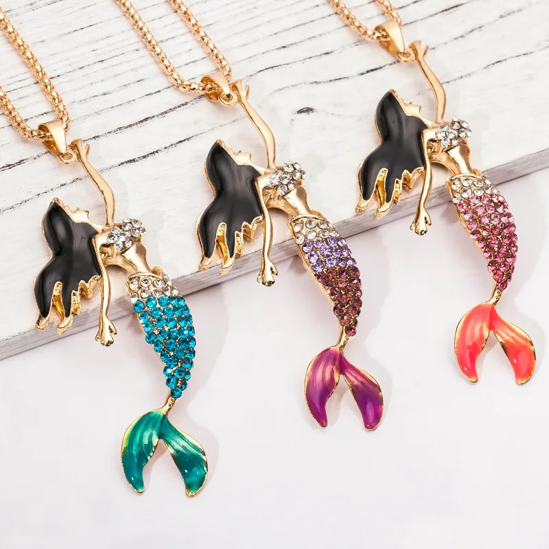 

Enamel Crystal Mermaid Fashion Bohemian Long Chain Necklaces Pendants For Women