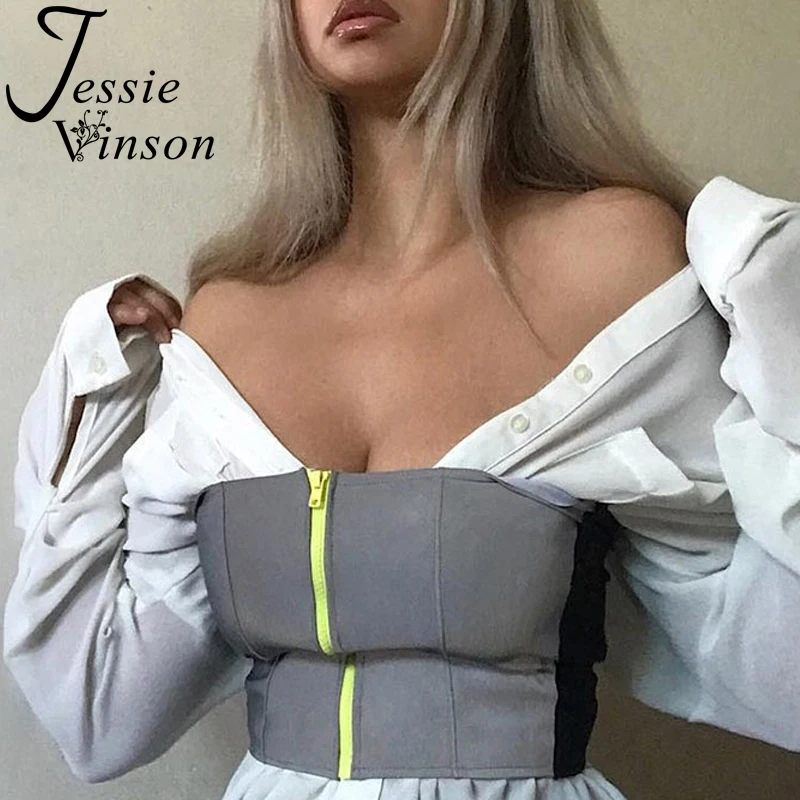 Jessie Vinson, отражательная трубка, топ, модный, женский, летний, без бретелек, без рукавов, на молнии, топ, сексуальный, хип-хоп, укороченный, женский