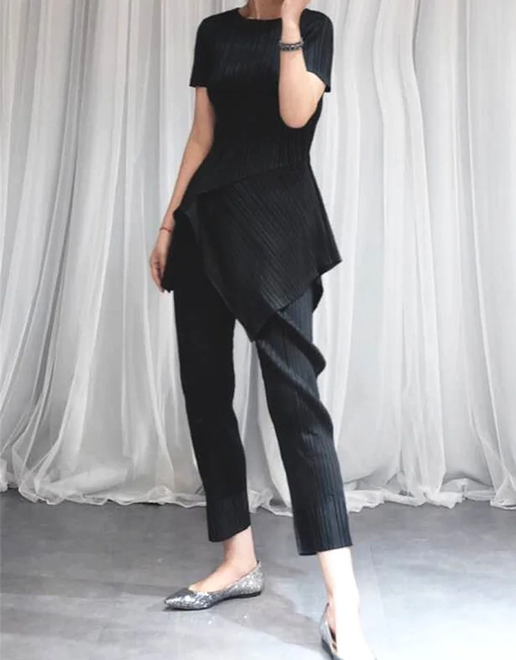 Changpleat летний женский комплект из двух предметов Miyak плиссированные модные однотонные футболки с круглым вырезом и штаны большие эластичные женские костюмы S9