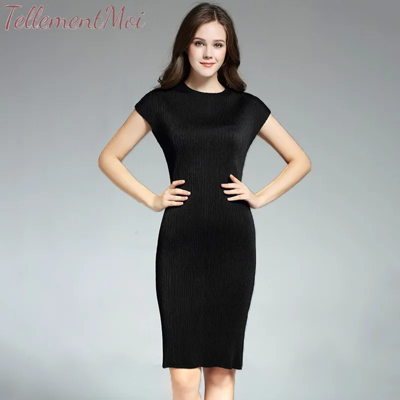 Business Dresses for Women Casual Black Short Sleeve Pleated Dress O Neck Bodycon Pencil Slim Formal Office Sheath | Женская одежда