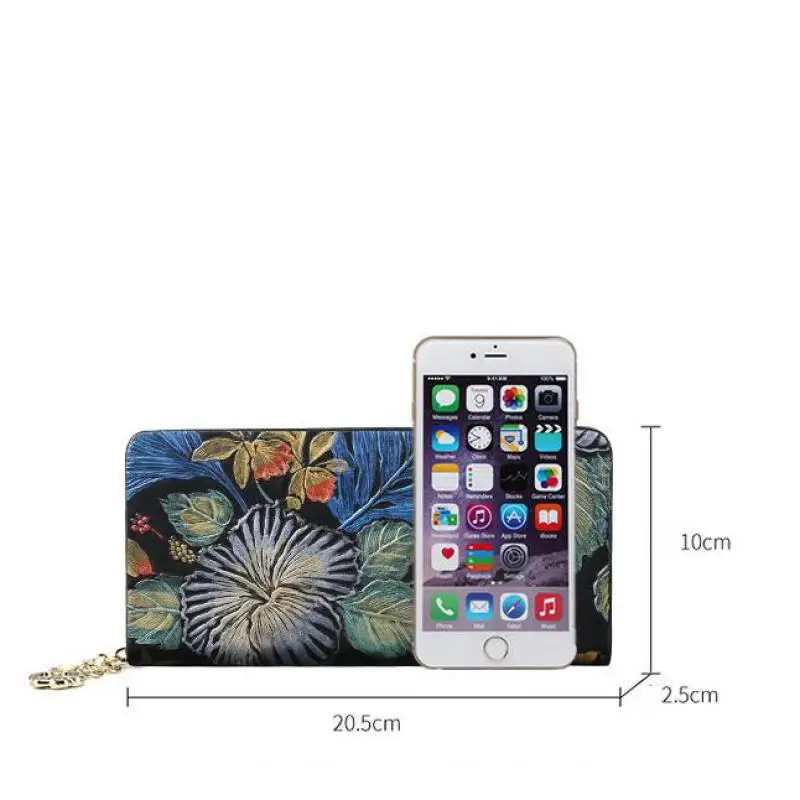 

Johnature 2021 New Genuine Leather Vintage Floral Zipper Polyester Long Hand Painted Retro Women Standard Wallets Purse