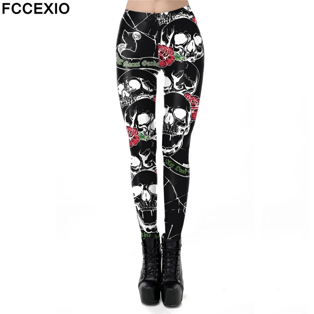 FCCEXIO Halloween Women Leggings Soft Elastic Workout Push Up Pants Skeleton Print Fitness 3D Trousers Punk Skull | Женская одежда