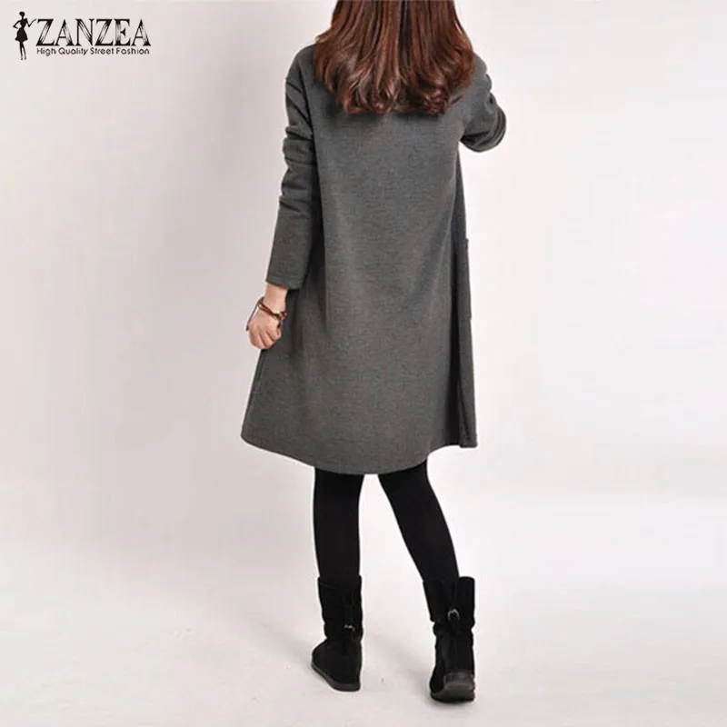 Vestidos, весна, ZANZEA, женское винтажное платье с длинным рукавом и карманом, женское повседневное свободное одноцветное платье с v-образным вырезом размера плюс