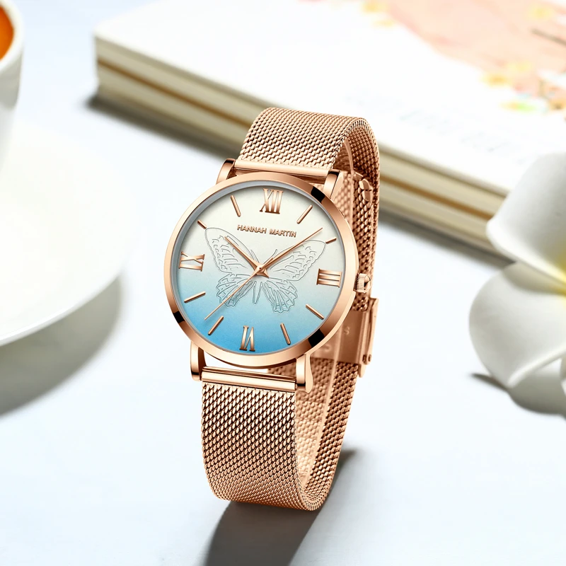 

2020 Women Watches Stainless Steel Mesh Pink 3D Butterfly Ladies Watch Top Brand Luxury Rose Gold Female Wrist Watch reloj mujer