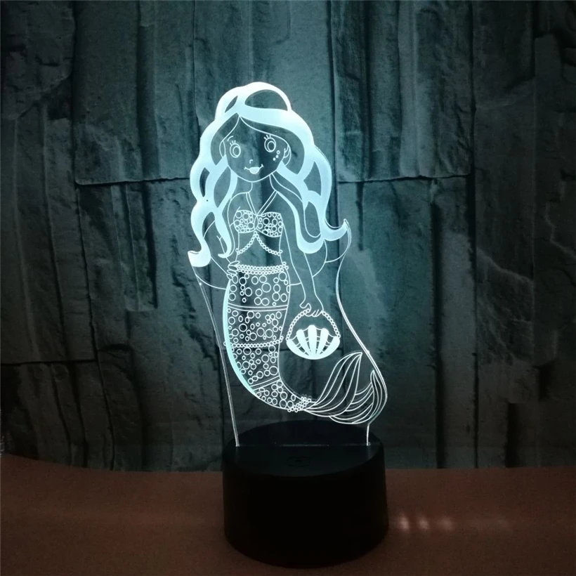 Милая Русалка Принцесса 3D LED Иллюзия ночник 7 цветов Сменные USB Батарея домашний