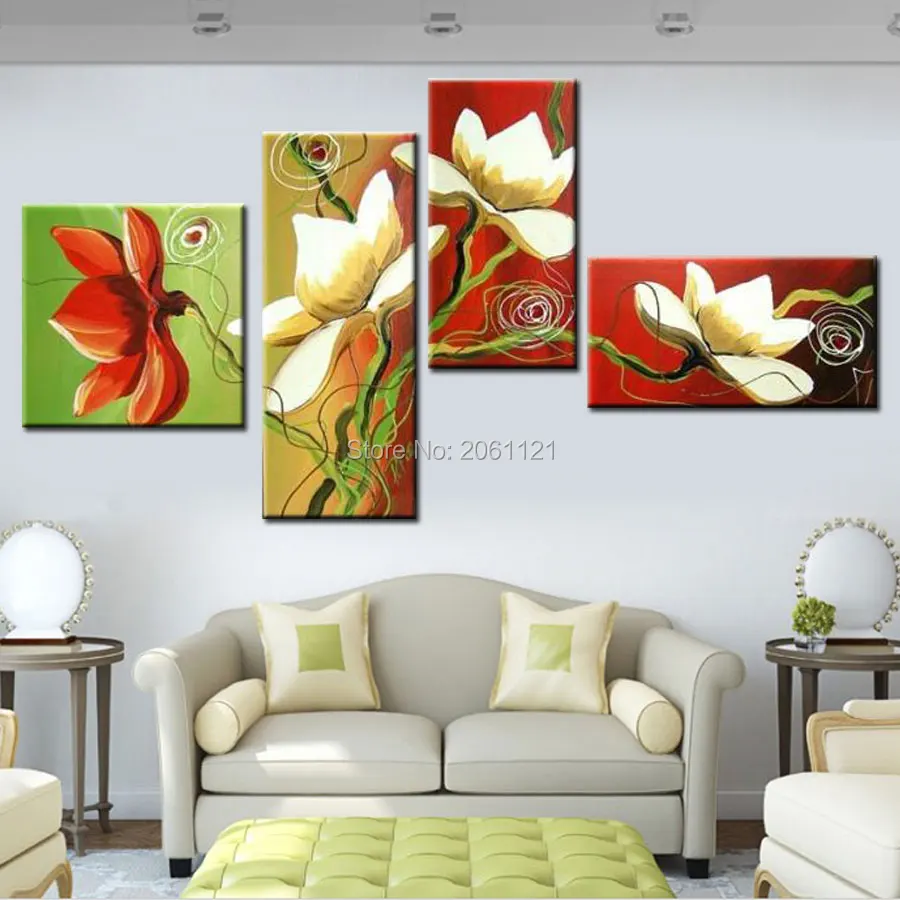 4 панели нерегулярная Современная Группа рисунок на холсте Цветы красный зеленый