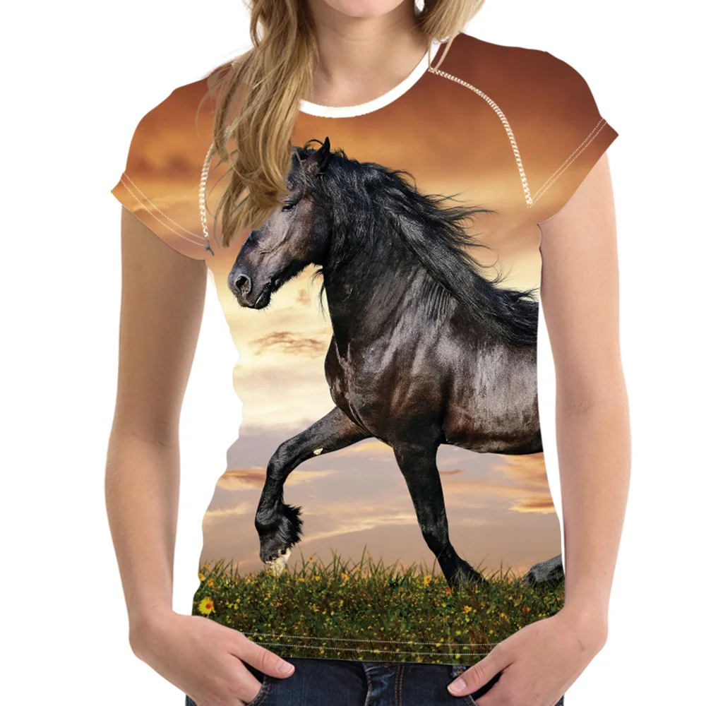 

FORUDESIGNS Crazy Horse T-shirts for Women Tees Shirt Harajuku Trendy Tops Tshirts Ladies Short Sleeve Tees Slim T-shirt 2018