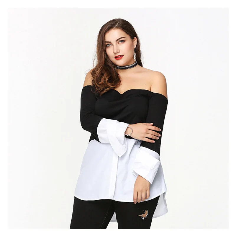 2019 черно белая строчка с открытыми плечами длинными рукавами плюс размер рубашка