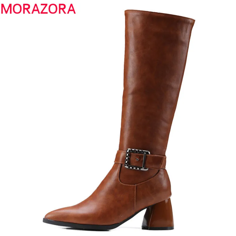 

MORAZORA 2021 top quality autumn winter shoes woman pointed toe zipper with buckle knee high boots square high heels shoes brown