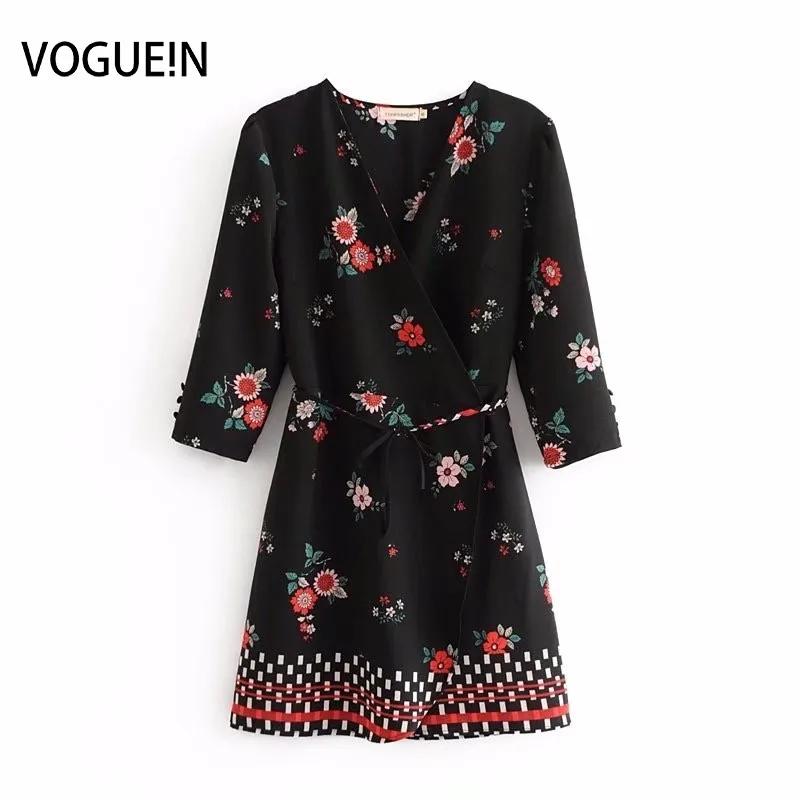 Женское пляжное платье-миди VOGUEIN черное платье с рукавом 3/4 и цветочным принтом