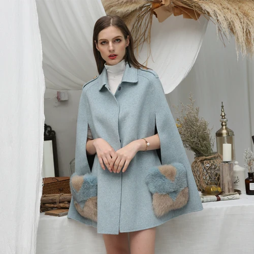 OFTBUY пальто с натуральным мехом, зимняя куртка, Женское шерстяное Свободное пальто, натуральный Лисий мех, с карманами, шерстяная накидка, без рукавов, пальто, уличная одежда - Цвет: light blue