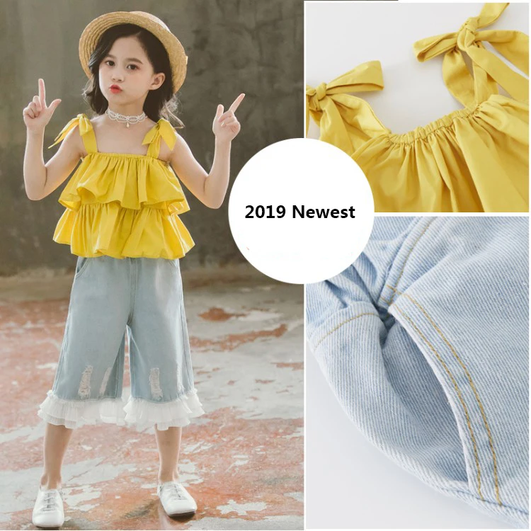 Комплект детской одежды для девочек рубашка с оборками + свободные джинсы летняя