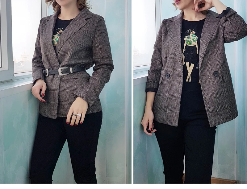 XL, XXL, 3XL, 4XL, 5XL, осень размера плюс, клетчатый блейзер для женщин, формальный свободный пиджак, пальто, офисный женский костюм с длинным рукавом, блейзер серого цвета