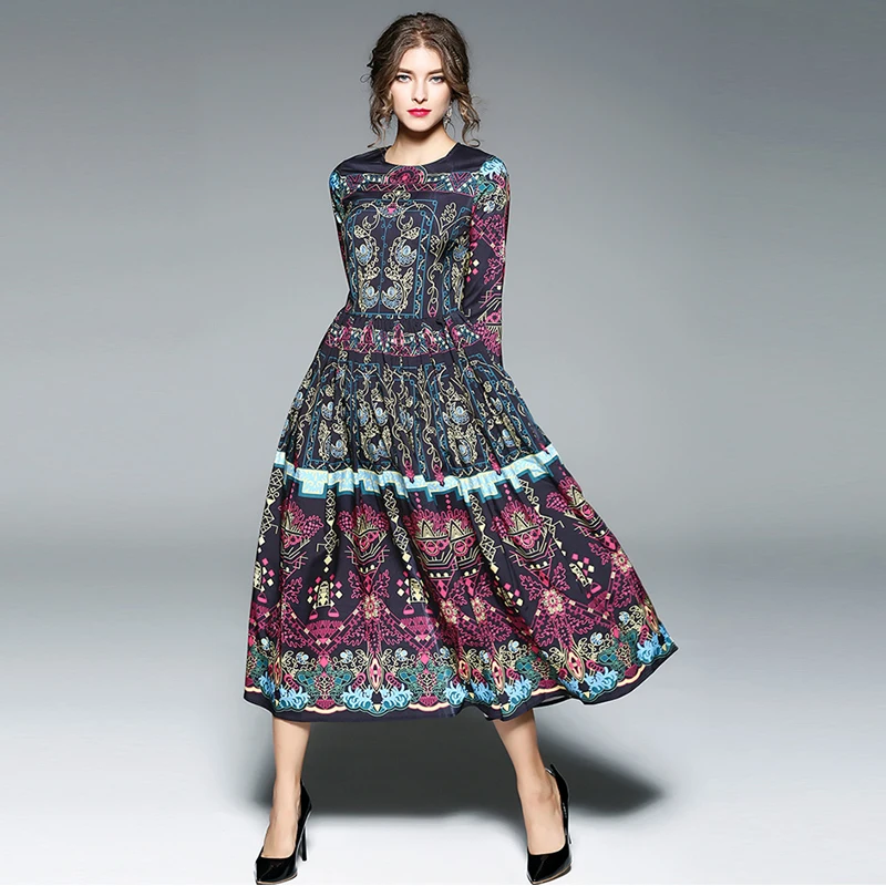 Осень 2017 женское винтажное платье с принтом высокое качество круглый ворот