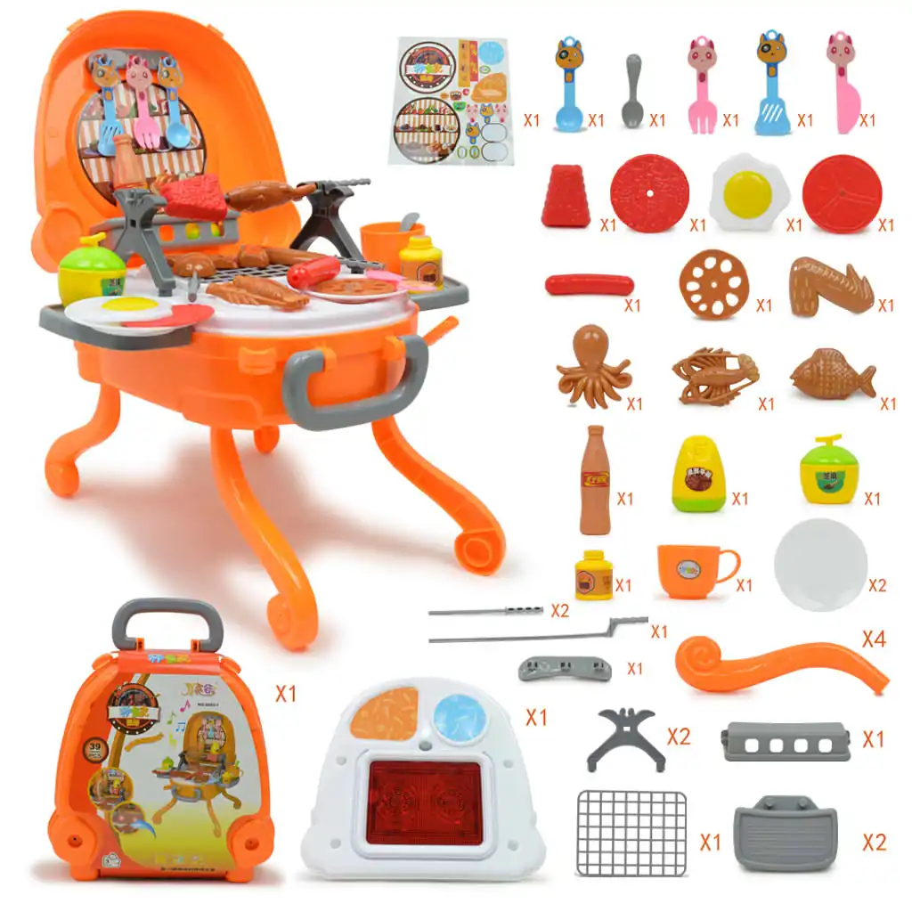 40Pcs Plastic Electric Barbecue Grill BBQ Pretend Play Toy Set for Kids Toddlers, Suitcase Design, Easy to Carry and Storage