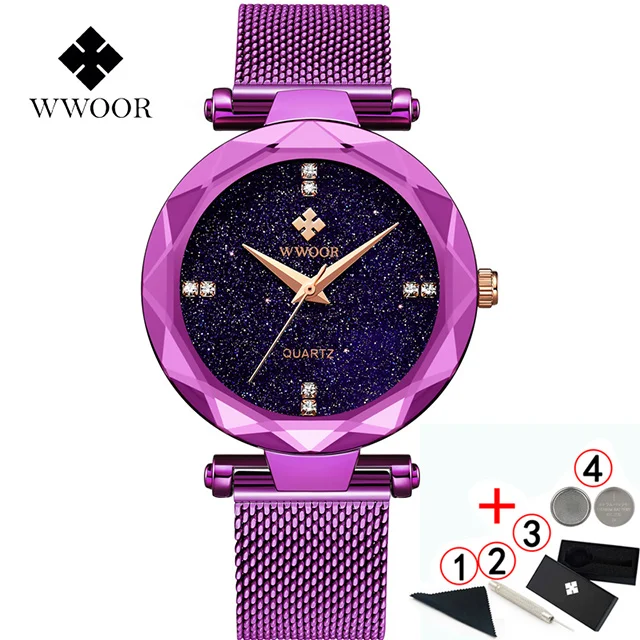 purple-box Женские часы фиолетовый люксовый бренд Алмаз кварцевые женские наручные часы водонепроницаемые женские наручные часы relogio feminino - Color: purple-box