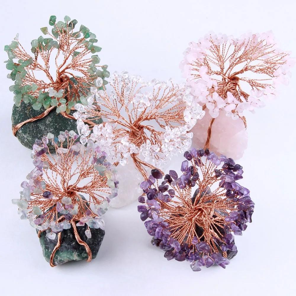 

Natural Amethyst Rose Quartz Crystal Rocks Aventurine Stone Beads Tree of Life with Copper Wrapped Home Decoration Figurine 1pc