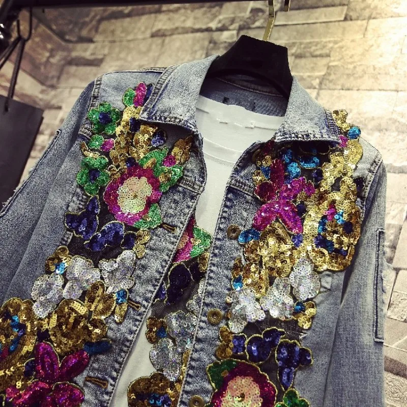 

European Fashion Colorful Sequins Hole Ripped Womens Denim Jackets New Brand Long Sleeve Slim Female Outerwear Coats Streetwear