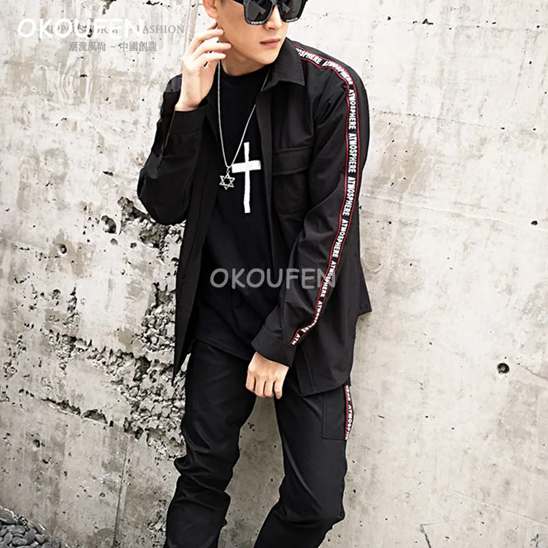 Модная черная рубашка с длинным рукавом лентой и коллажем свободная