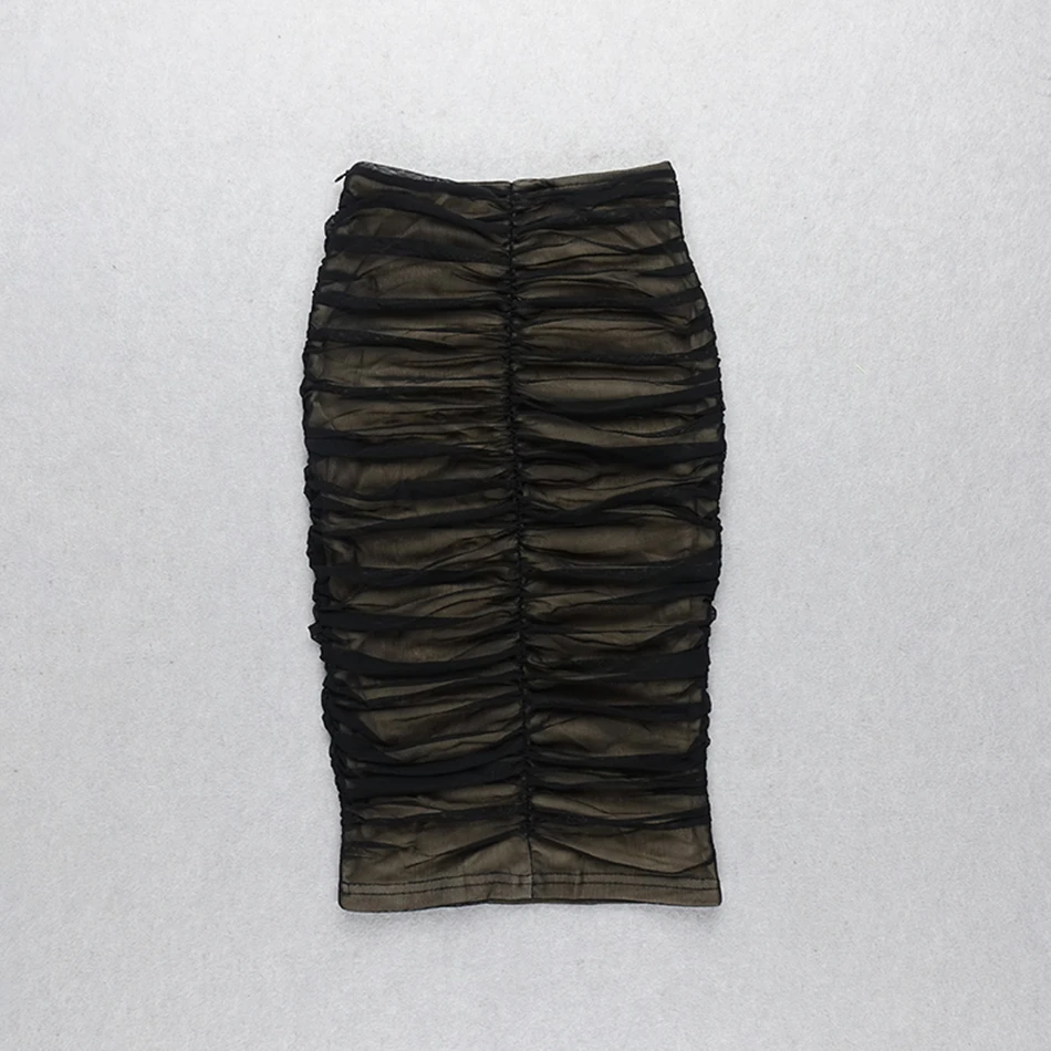Высокая талия сетка Ruched длиной до колена Женская юбка черная сексуальная Wrinke
