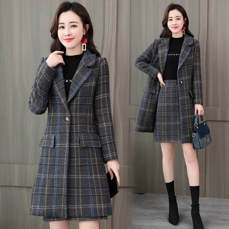 

Elegant women's winter clothing fashion set two-piece new temperament woolen coat + skirt ladies suit spring and autumn Slim
