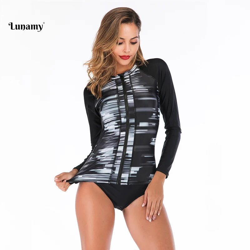 Lunamy 2019 Mosaic Print Swimwear Women Tankini Two Piece Swimsuit Long Sleeves Rash Guards Padded Beachwear Bathing Suit Girls | Спорт и