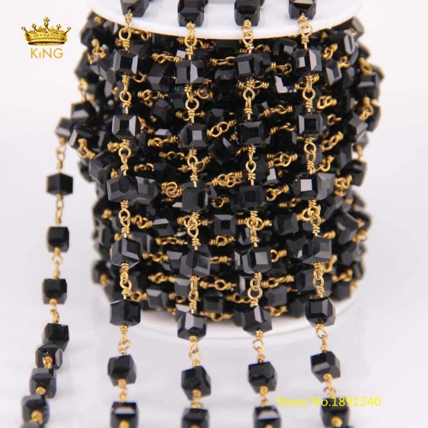 

5meter 6mm Wholesale Glass Chains Findings,Wire Wrapped Black Glass Faceted Square Beaded Chains Rosary Chains Supplies HX139