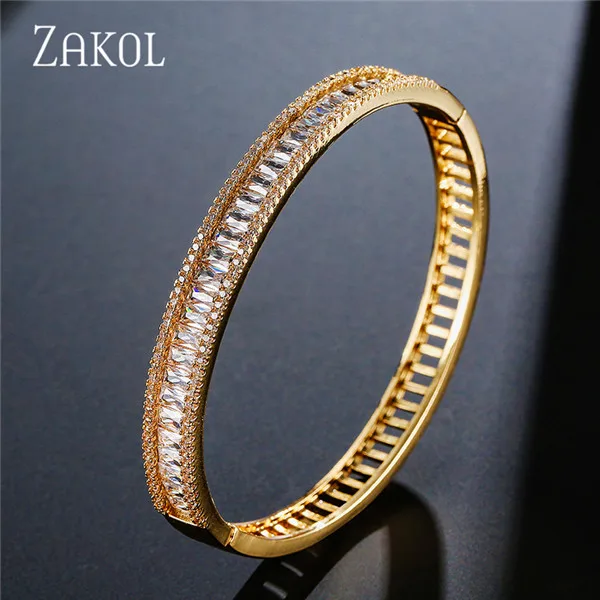Бренд ZAKOL, высокое качество, шарм, багет, Cz циркония, кристалл, манжеты, браслеты для женщин, ювелирные изделия, Роскошные, FSBP156 - Окраска металла: Gold Color