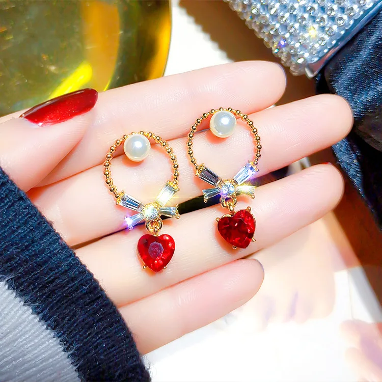 S925 Silver Simple Red Crystal Love Earring Geometry Round Inlaid Pearl For Women Fashion Jewelry 2019 | Украшения и аксессуары