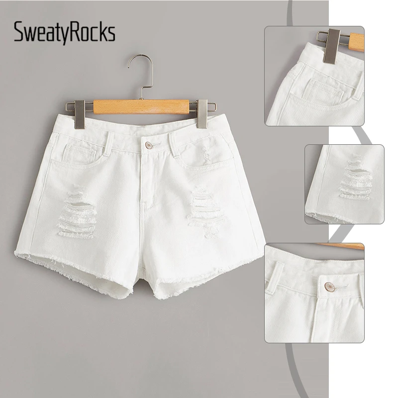 SweatyRocks, рваные потертые джинсовые шорты, уличная одежда, повседневные шорты с широкими штанинами,, Летние Женские однотонные шорты на пуговицах