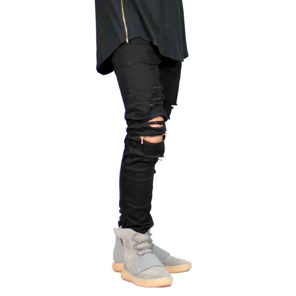 2017 Для мужчин обтягивающие джинсы стрейч Ripped destroyed колена Застёжки молнии хип хоп