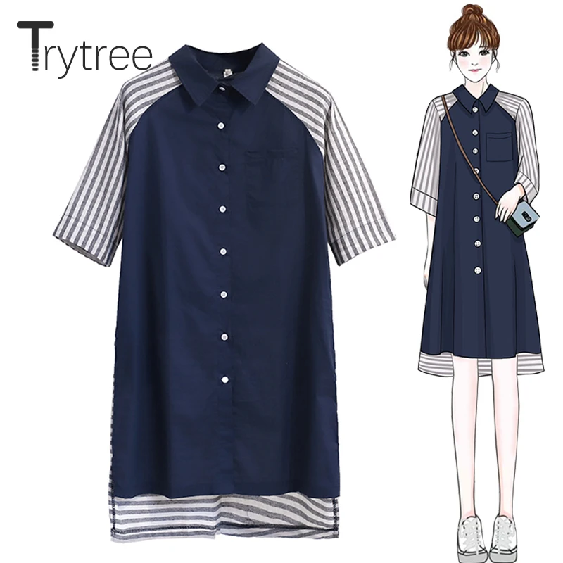 Trytree/летнее Повседневное платье с отложным воротником из хлопка полиэстера темно