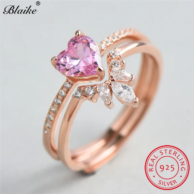 Blaike 925 пробы Серебряное кольцо комплект милый розовый сапфир камень свадебные