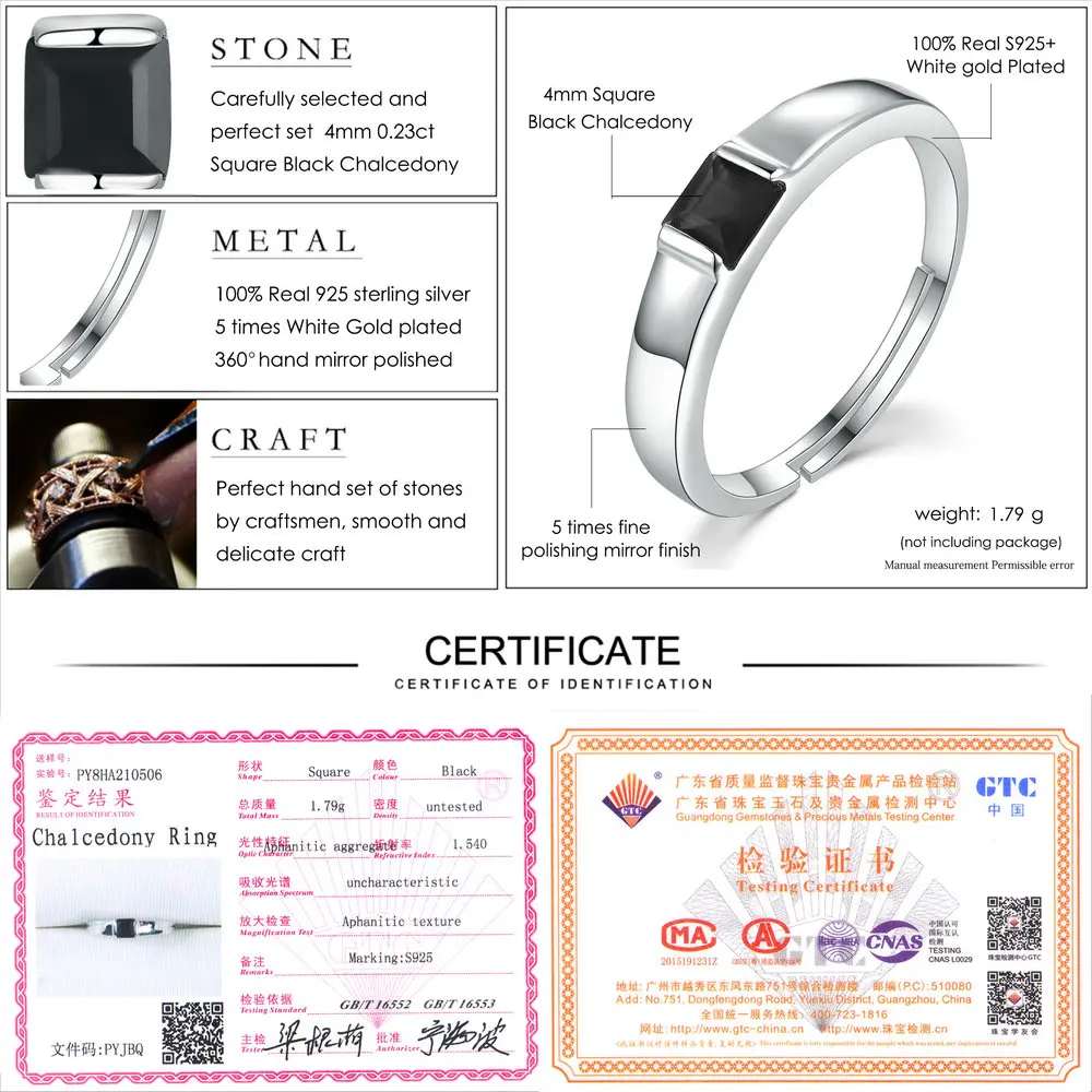 LAMOON Classic 4mm Natural Square Black Chalcedony 925 Sterling Silver Simple Ring Jewelry S925 For Women LMRI035 | Украшения и