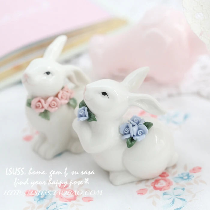 

blue pink flower ceramic small rabbit home decor crafts room decoration handicraft porcelain animal figurines wedding decoration