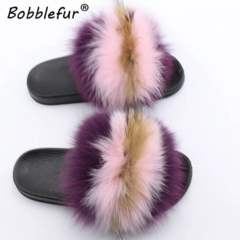 Ms.bobblefur Women Flip Flops Furry Indoor Natural Fox Fur Slipper Luxury Fluffy Plush Shoes FREE shipping | Обувь