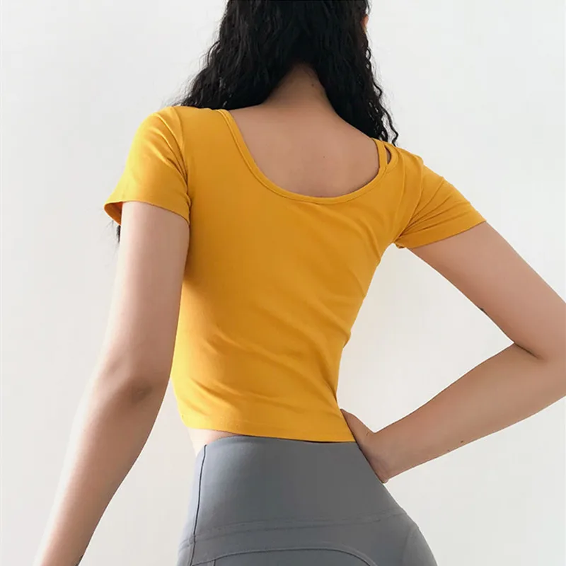 Кроп топ женский эластичный Быстросохнущий с коротким рукавом|Рубашки для йоги| |