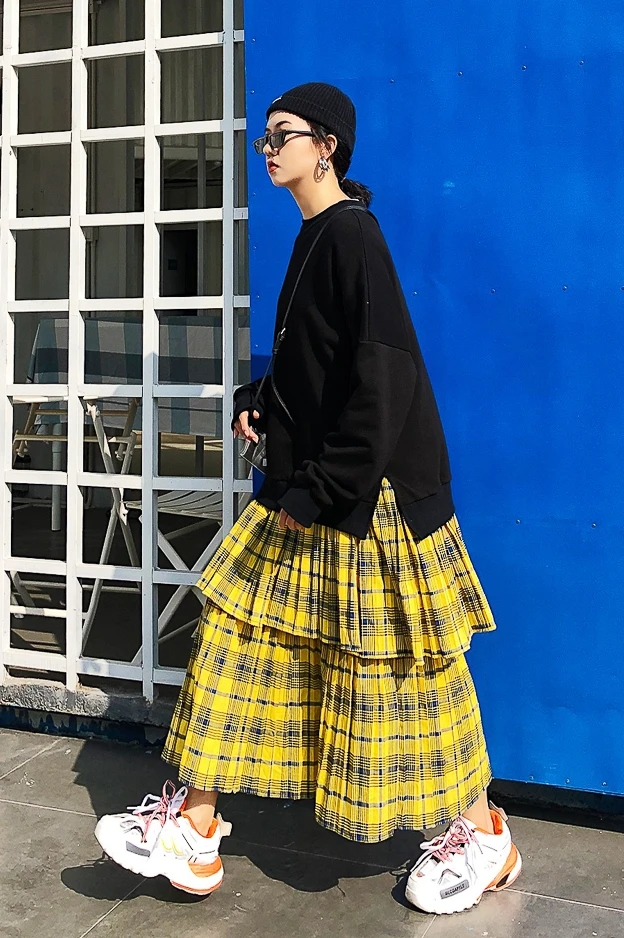 Jasmine Harajuku/свободное платье с круглым воротником сшитое в клетку и присборенной