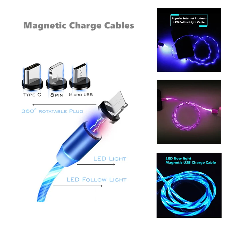 Магнитное зарядное устройство со светодиодной подсветкой микро USB C TPE светящийся