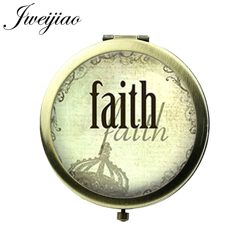 

JWEIJIAO Faith Quote Favor Verse Pocket Mirror Art Picture Printed Glass Cabochon Bronze Round Makeup Compact mirrors Gifts