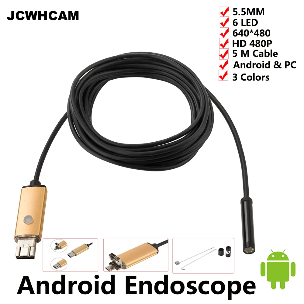 

Водонепроницаемый эндоскоп JCWHCAM 2 в 1 с объективом 5,5 мм, микро-USB, эндоскоп для Android, камера с 6 светодиодами, бороскоп для осмотра для смартфон...