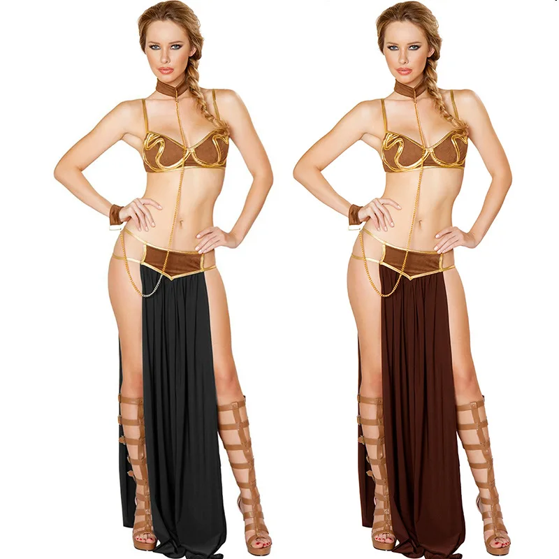 

Sexy Princess Slave Costume Dress Gold Bra Neck Chain Halloween Greek Goddess Cosplay Costume Arab Cleopatra Princess Long Dress