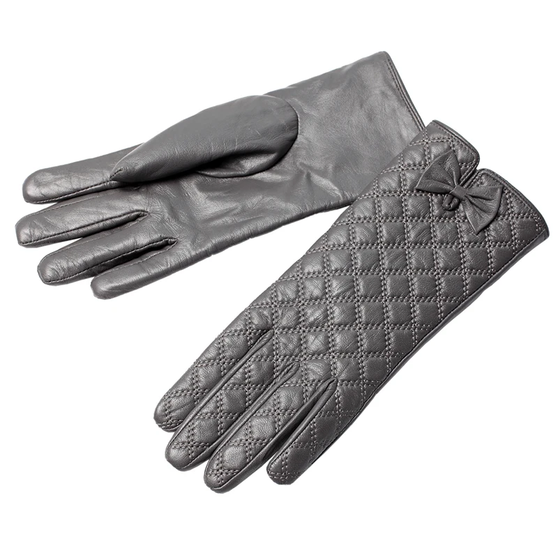 Светло серая кожа женщин перчатки Цветочный Натуральная Кожа серый клетчатый