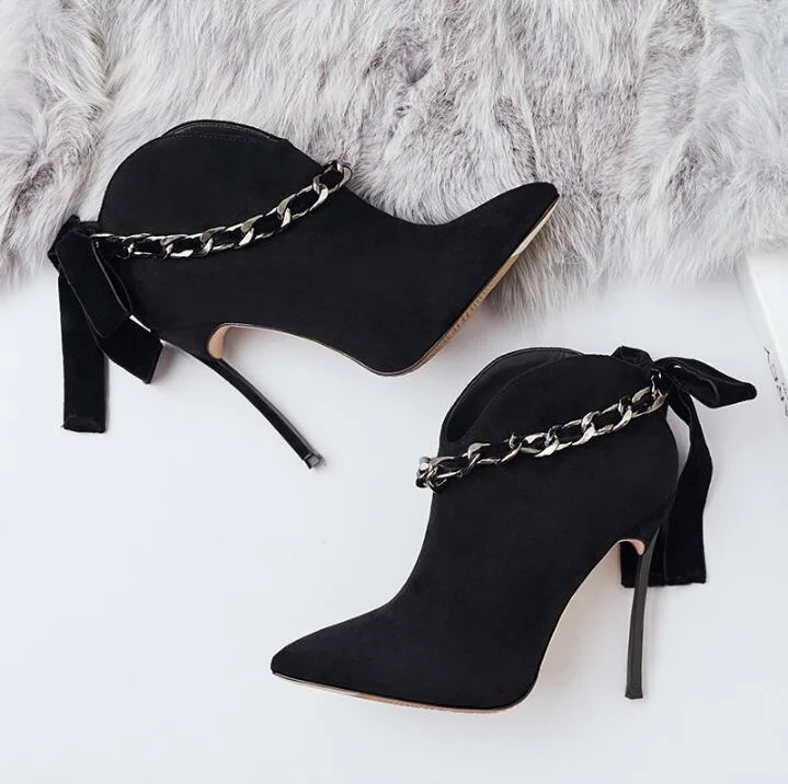 

New Design Women Black Red Flock Suede Leather Pointed Toe Ankle Boots Chain Decoration Bowtie Metal Heels Women Boots