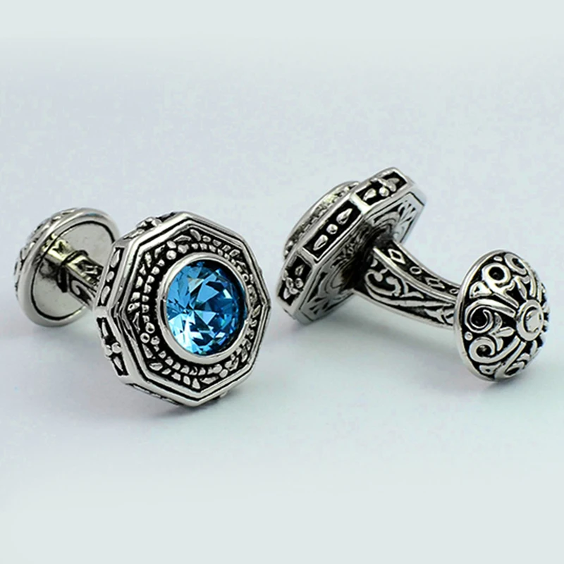 Blue and pink crystal octagon cufflinks engraved double sided brass plated white steel art deco | Украшения и аксессуары