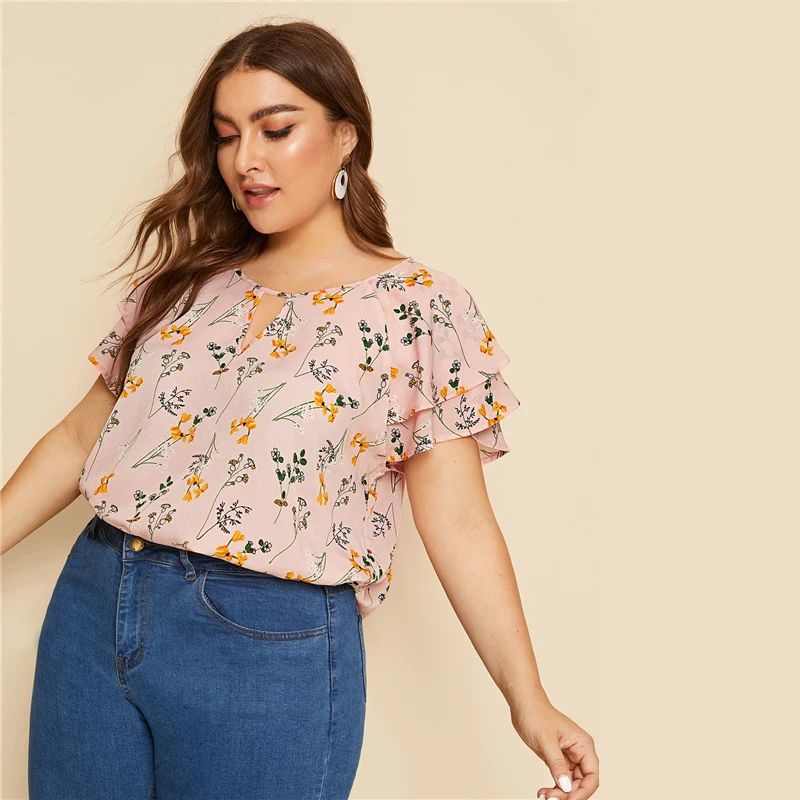 SHEIN размера плюс колье на шее многослойное платье с оборками на рукавах, ботанический Блуза Топ Для женщин летние Повседневное Цветочный принт вырезами блузки