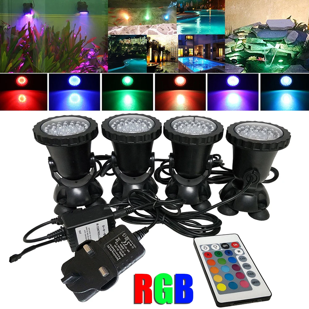 4 шт./компл. 6 Вт 36 светодиодный RGB подводный светодиодный прожектор светильник с пультом дистанционного управления Управление Водонепроницаемый сад фонтан Пруд лампы для Аквариум штепсельная вилка британского стандарта