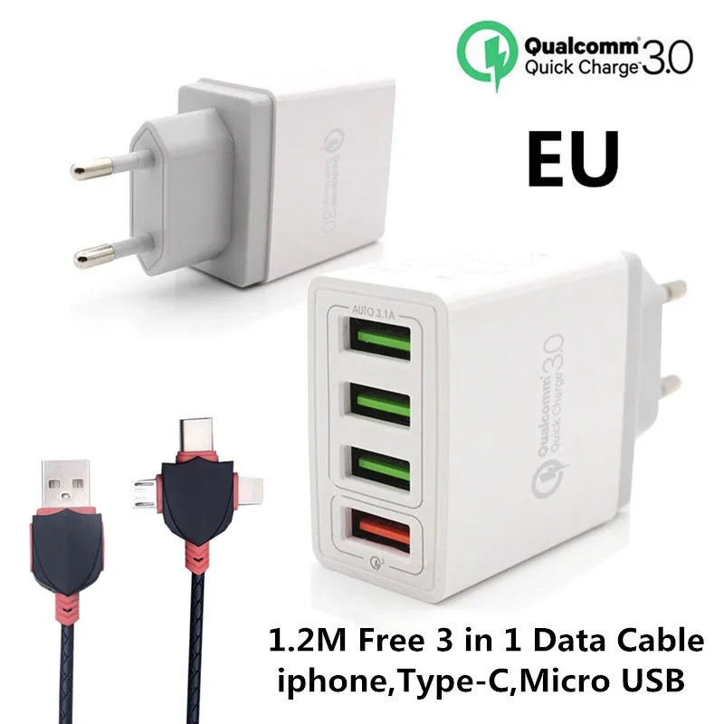 EU 3in1 Cable White QC 3,0 6.2A высококачественное зарядное устройство для телефона с разъемом EU/USA быстрое настенное зарядное устройство s Кабели 4 порта USB для iphone X samsung huawei Xiaomi - Тип штекера: EU 3in1 Cable White