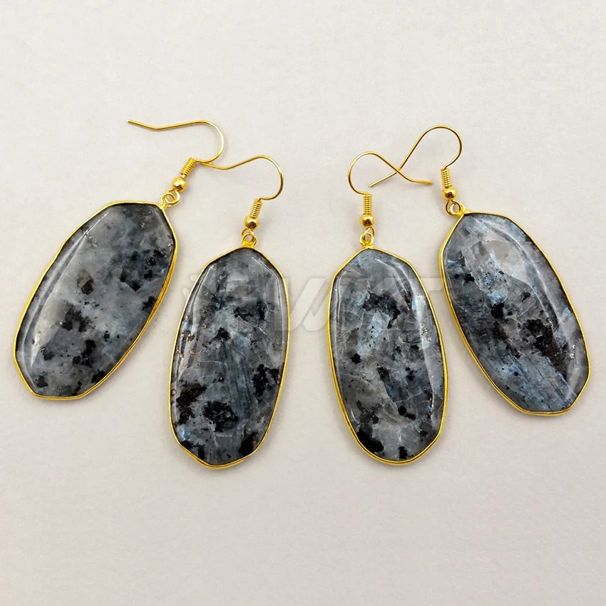 WT-E349 Wholesale natural black labradorite stone earrings with 24K gold trim fashion rhombus jewelry for women | Украшения и