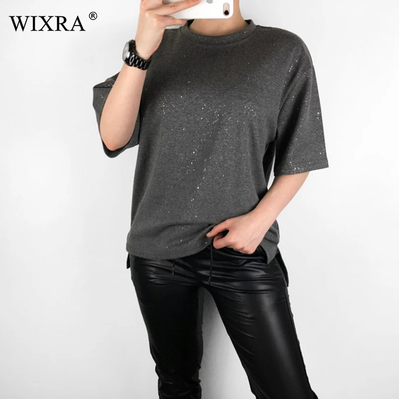 Wixra, женские повседневные однотонные футболки с круглым вырезом и коротким рукавом, блестящие уличные Свободные топы для женщин, Новинка лета
